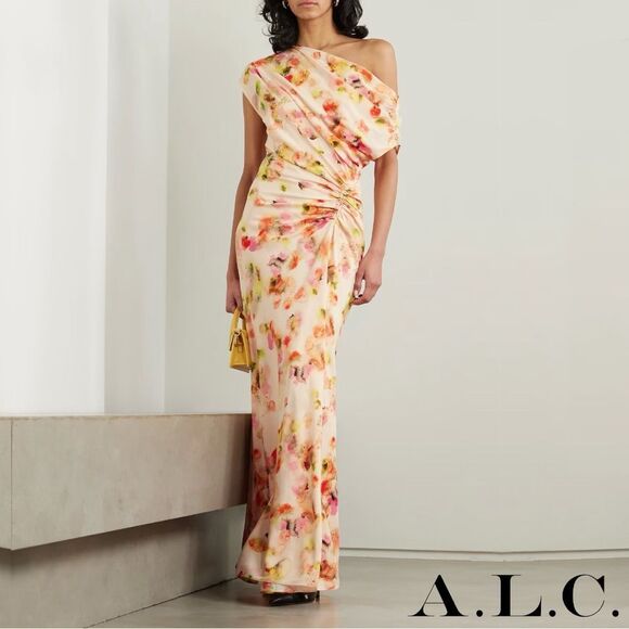 A.L.C. **NWT** Poppy Ballad Floral Off The Shoulder Ruched Stretch Silk Gown - Picture 1 of 16